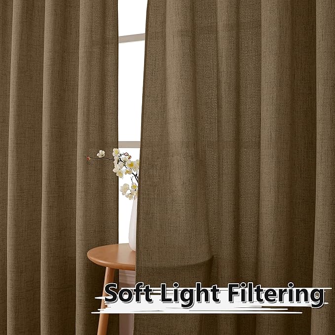 Tollpiz Short Linen Curtain Living Room Rod Pocket Semi Sheer Curtains Burlap Light Filtering Thick Linen Drape for Bedroom, 54 x 45 inches Long, Brown, Set of 2 Panels