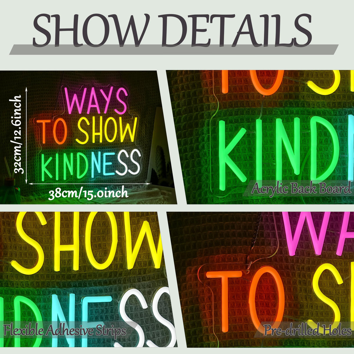 Ways To Show Kindness Neon Sign for Wall Decor Letters Rainbow Led Neon Light Dimmable Inspirational Letters Light Sign for Bedroom Classroom Club Party Office
