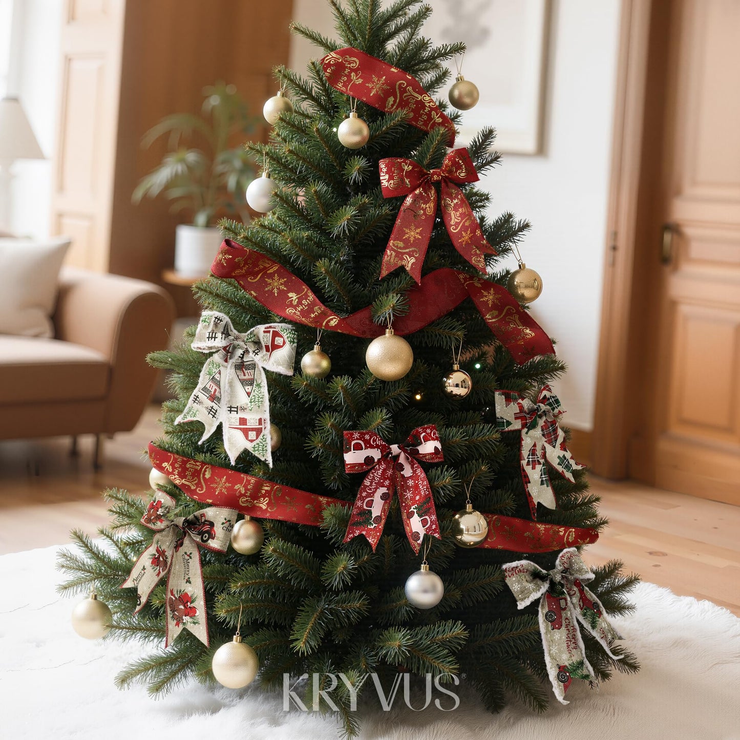 Kryvus Christmas Wired Ribbon, 2.5 Inch X 10 Yards, Natural Linen Christmas Ribbon with Snowy Edge for Wreaths, Gift Wrapping, Xms Tree Decorations & Holiday (Farmhouse)