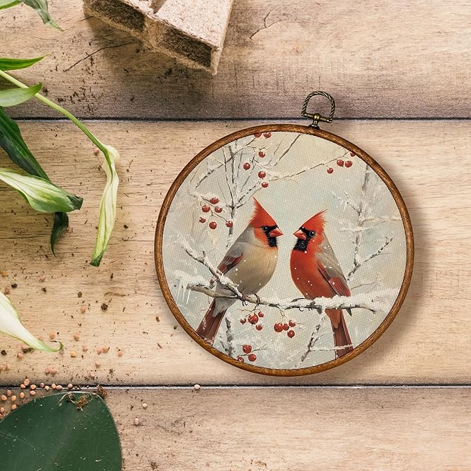 KSDUT Cardinal Wall Decor Art - Memorial Wall Art Canvas Frame Hanging Prints, Vintage Winter Snowy Round Wall Art Decor for Home Farmhouse Bedroom Decorations 10"x10"