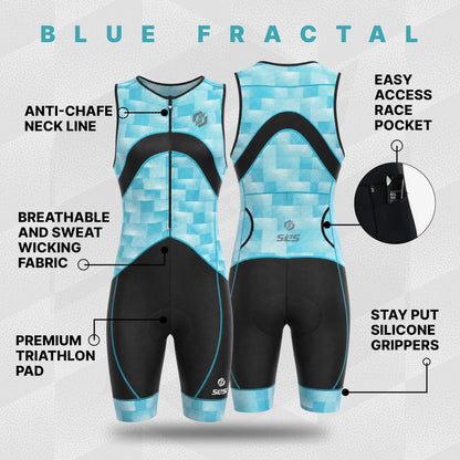 SLS3 Triathlon Suits Mens - Premium Trisuit Triathlon Men - Sleeveless, Quick Drying Tri Kit with Large Back Pocket (Blue Fractal, X-Large)