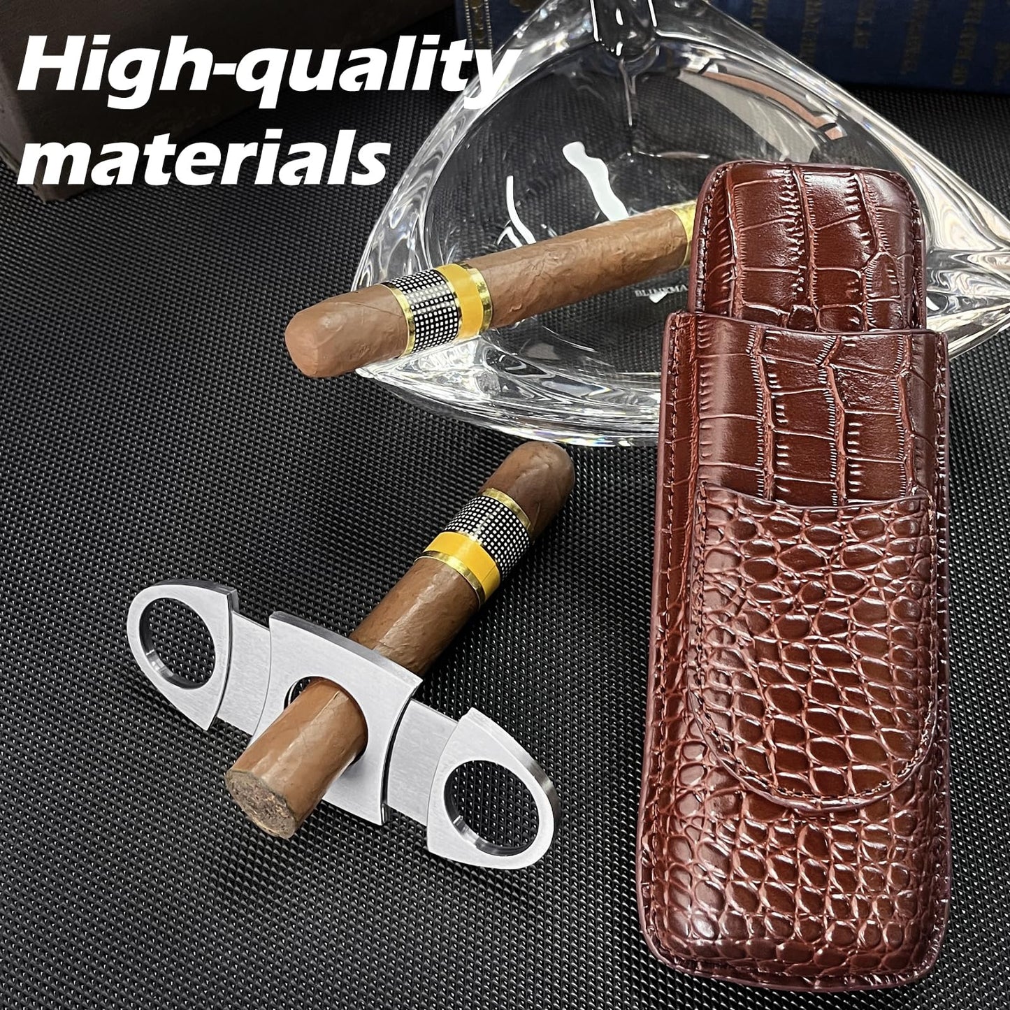 cgaplus 2-Finger Cigar Case with Cutter Crocodile Pattern Leather Cigar Humidor Case Portable Travel Cigar Case for Men(Brown)