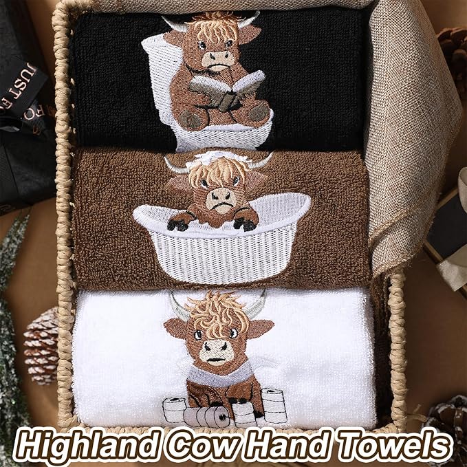 3 Pcs Highland Cow Hand Towels for Bathroom Embroidered Bathroom Towels
