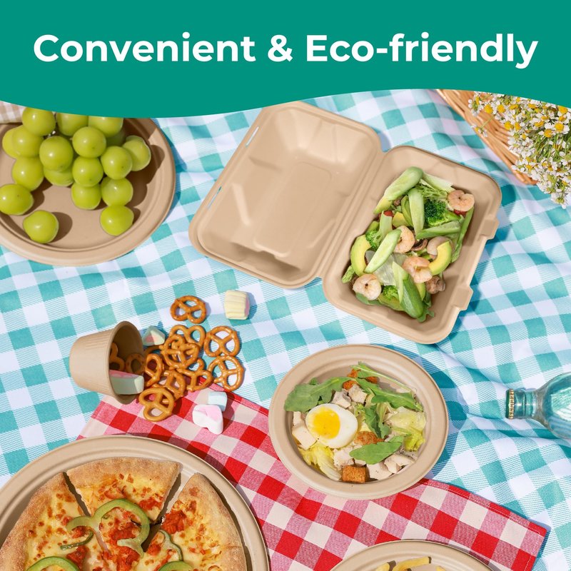 Fit Meal Prep 100 Pack 9x6 Compostable To Go Food Containers, Disposable To Go Boxes for Food, Lunch Boxes, Clamshell Take Out Containers with Lids, Eco Friendly Biodegradable, PFAS-Free, Bagasse