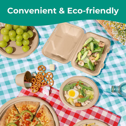 Fit Meal Prep 100 Pack 9x6 Compostable To Go Food Containers, Disposable To Go Boxes for Food, Lunch Boxes, Clamshell Take Out Containers with Lids, Eco Friendly Biodegradable, PFAS-Free, Bagasse