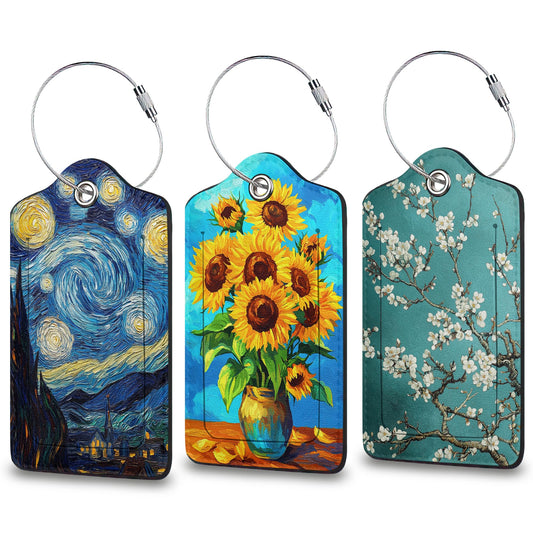 Starry Night Luggage Tags, 3pcs Almond Blossom Leather Suitcase Tag with Privacy Flap Name ID Label Metal Loop for Cruise Airport Travel Essentials