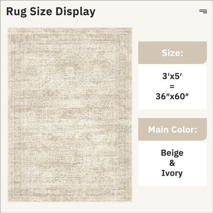 3x5 Rug, Small Area Rug for Kitchen, Entryway, Machine Washable Non-Slip Throw Rug, Vintage Carpet for Nursery Coffee Table Beige