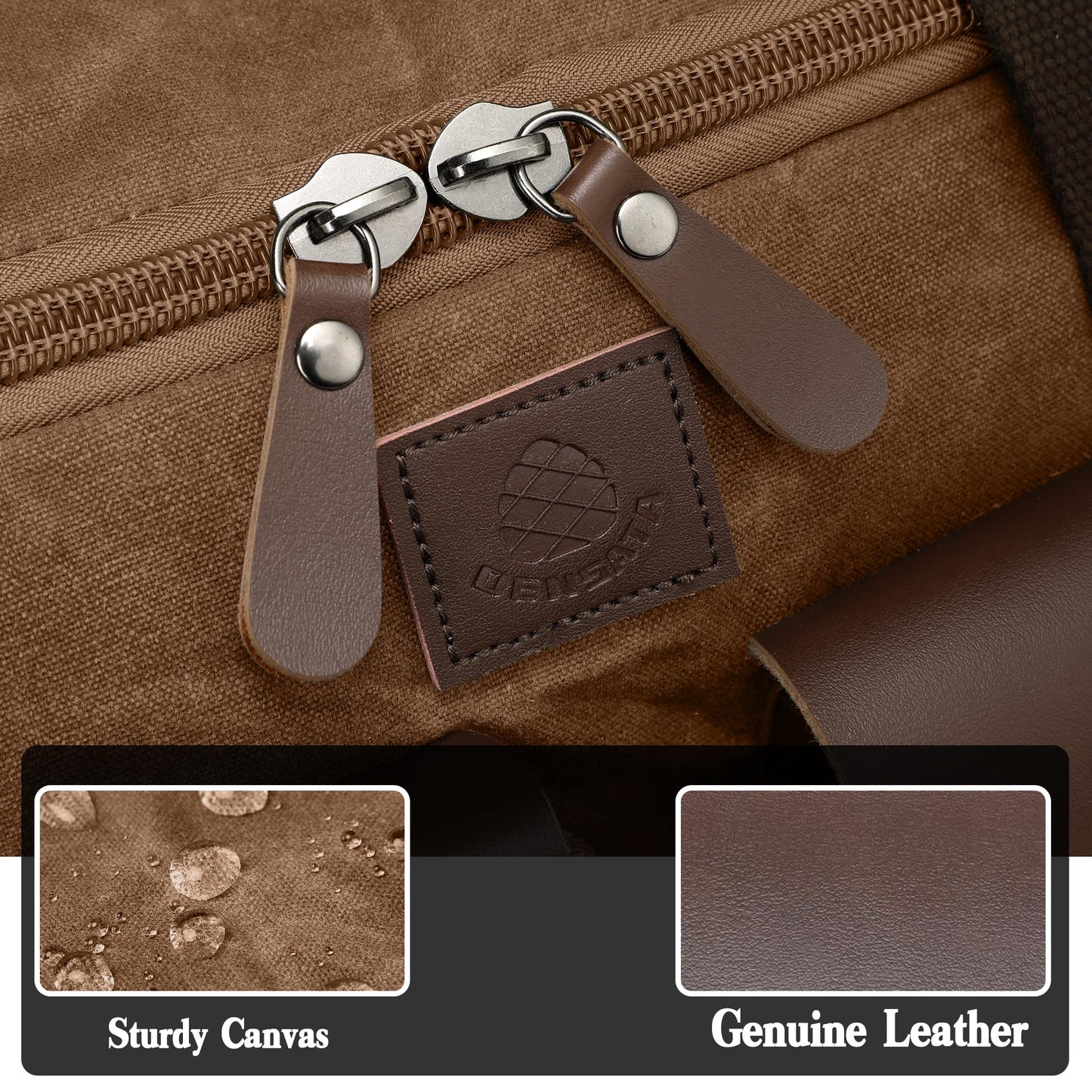 Densata Waxed Canvas Duffle Bag for Men 50L Travel Duffel Bags Expandable Genuine Leather Duffel Overnight Weekender Carry On Bag Two Zipper Pockets Travel Bag (Vintage Dark Brown, Large-50L)