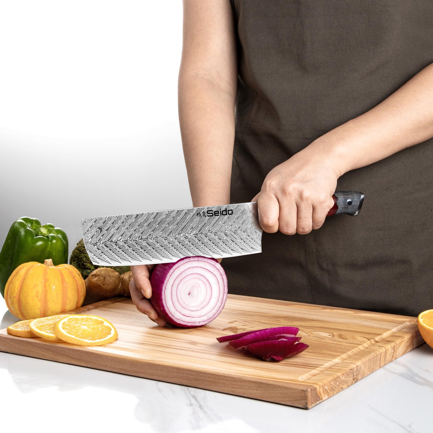 Seido Knives Inferuno 7 Inch Nakiri Knife – AUS-10 Core with 73-Layer Damascus Steel and Ergonomic Resin Maple Handle