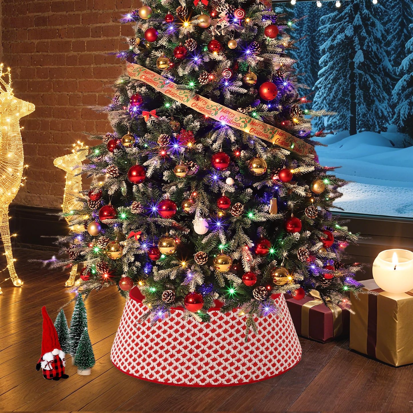 Garvee ﻿33 Inch Christmas Tree Collar Holiday Party Decoration, Diamond-Grid Design Plush Christmas Tree Skirt with 2 Matching Clips, Holiday Home Decor Stand Base Cover, Red