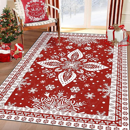 4' X 6' Christmas Rug Snowflake Area Rugs for Bedroom Living Room Laundry Nursery Dorm Entryway Aesthetic Xmas Carpet for Girls Kids Women Door Mat Pad,Red and White