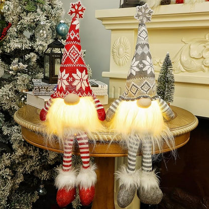 Juegoal 2 Pack Lighted Christmas Gnomes with Dangling Legs, 19.5Inch Handmade Scandinavian Swedish Tomte, Battery Operated Winter Tabletop Christmas Decorations Collectible Figurines