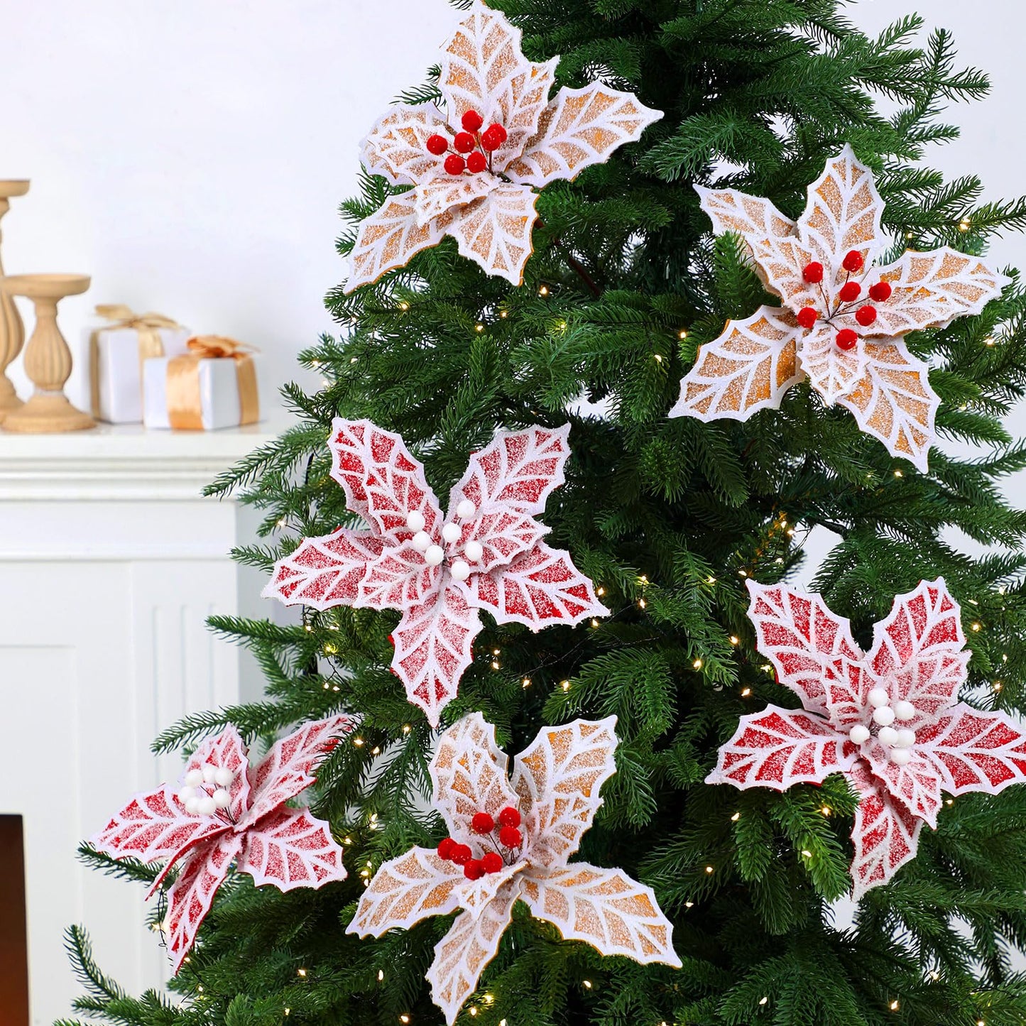 Daifunli 6 Pcs Large Christmas Gingerbread Poinsettia Flowers Tree Picks with Berries 10.6 Inches Christmas Tree Ornaments for Xmas Home Vase Decor(Gold and Red)