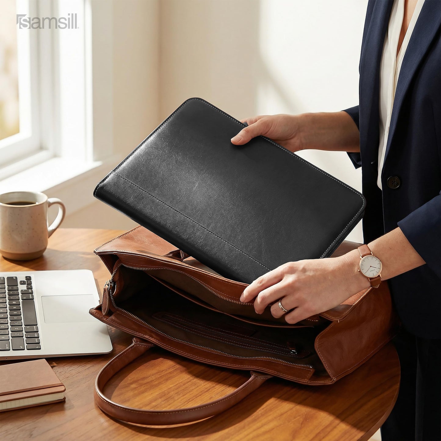 Samsill Contrast Stitch Faux-Leather Padfolio, Business Portfolio for Men and Women, Resume Document Organizer with 8.5 x 11 Inch Writing Pad, Black