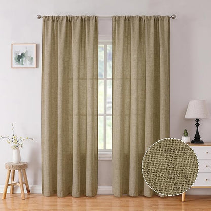 Tollpiz Linen Curtain Living Room Rod Pocket Semi Sheer Curtains Burlap Light Filtering Thick Linen Drape for Bedroom, 54 x 72 inches Long, Taupe, Set of 2 Panels