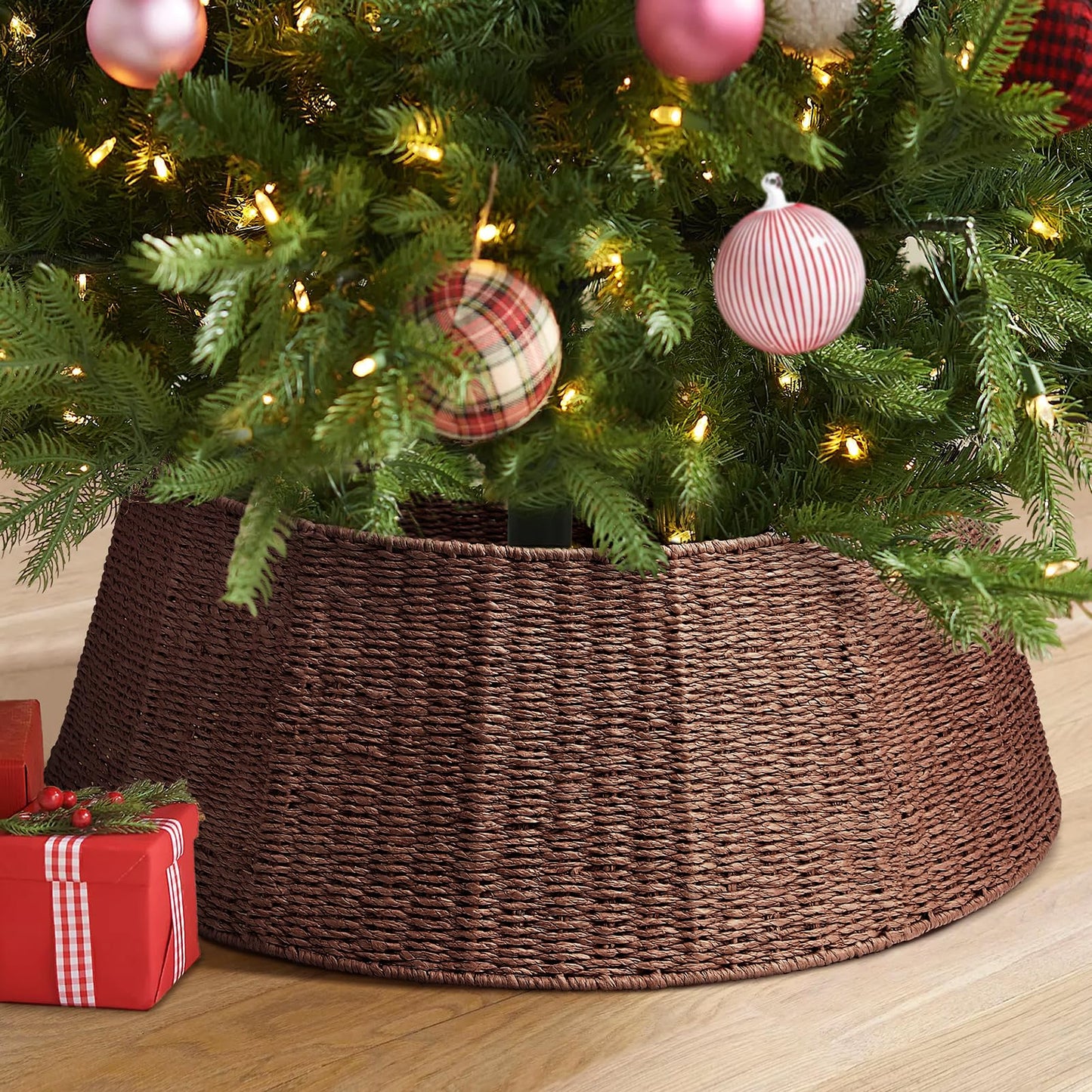 Hommtina Christmas Tree Collar- 33",Christmas Tree Base Christmas Basket Collar for Home, Living Room,for Covering Tree Stand (Brown3, 33 in)