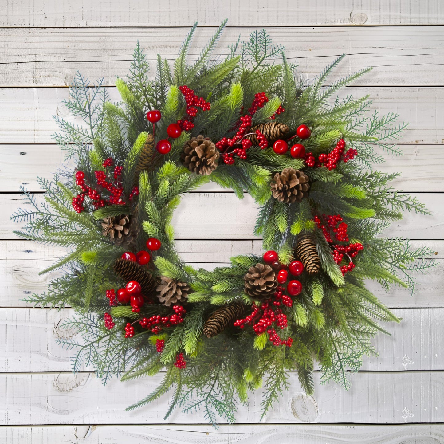 24 Inch Christmas Wreath with Red Berries, Pinecones and Greenery – Artificial Holiday Front Door Cedar Wreath for Farmhouse, Winter Indoor Outdoor Xmas Home Décor