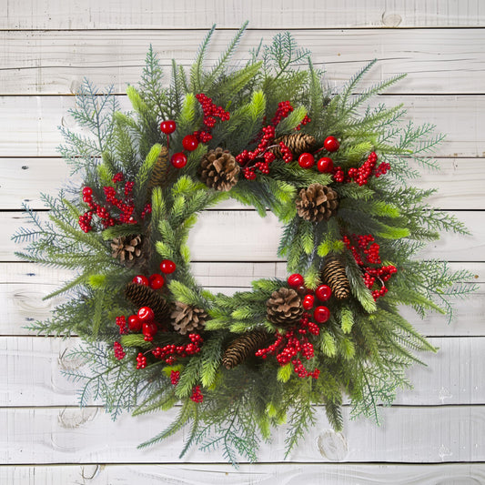 24 Inch Christmas Wreath with Red Berries, Pinecones and Greenery – Artificial Holiday Front Door Cedar Wreath for Farmhouse, Winter Indoor Outdoor Xmas Home Décor