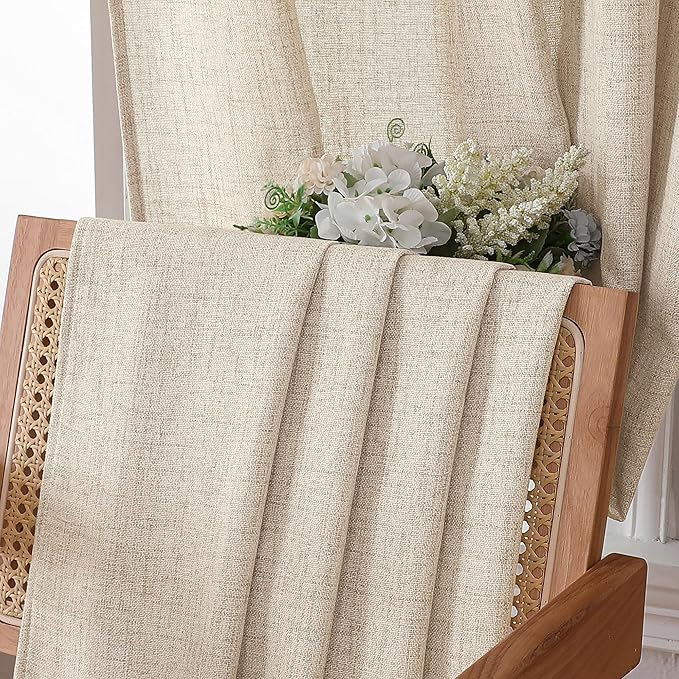 Tollpiz Short Linen Curtain Bedroom Rod Pocket Semi Sheer Curtains Burlap Light Filtering Thick Linen Drape for Living Room, 38 x 54 inches Long, Natural, Set of 2 Panels