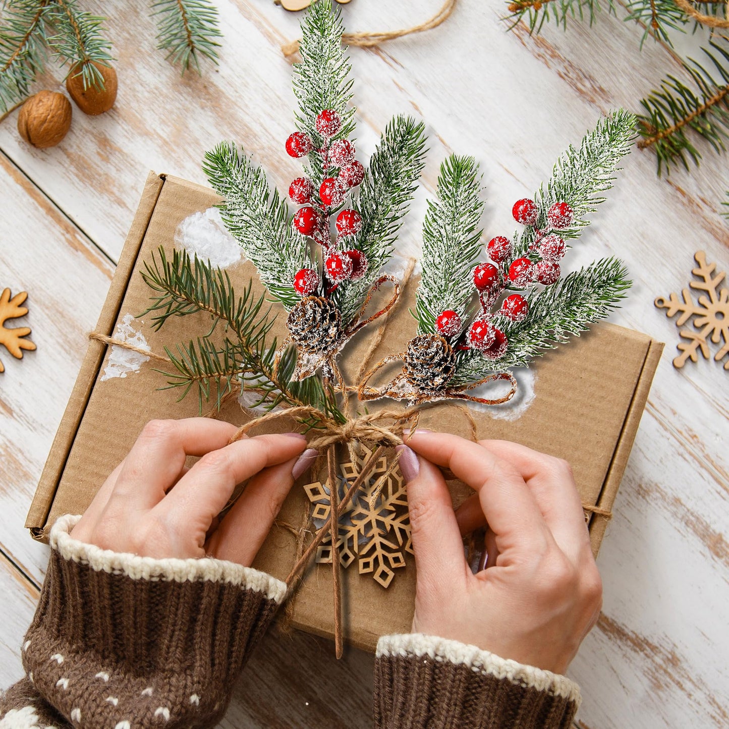 Sggvecsy 6 Pack Snow Frosted Christmas Berries Pine Picks Artificial Red Berry Pine Branches Faux Pine Stem with Pine Cones for Xmas Tree Wreath DIY Craft Floral Arrangement Holiday Decor (Red)