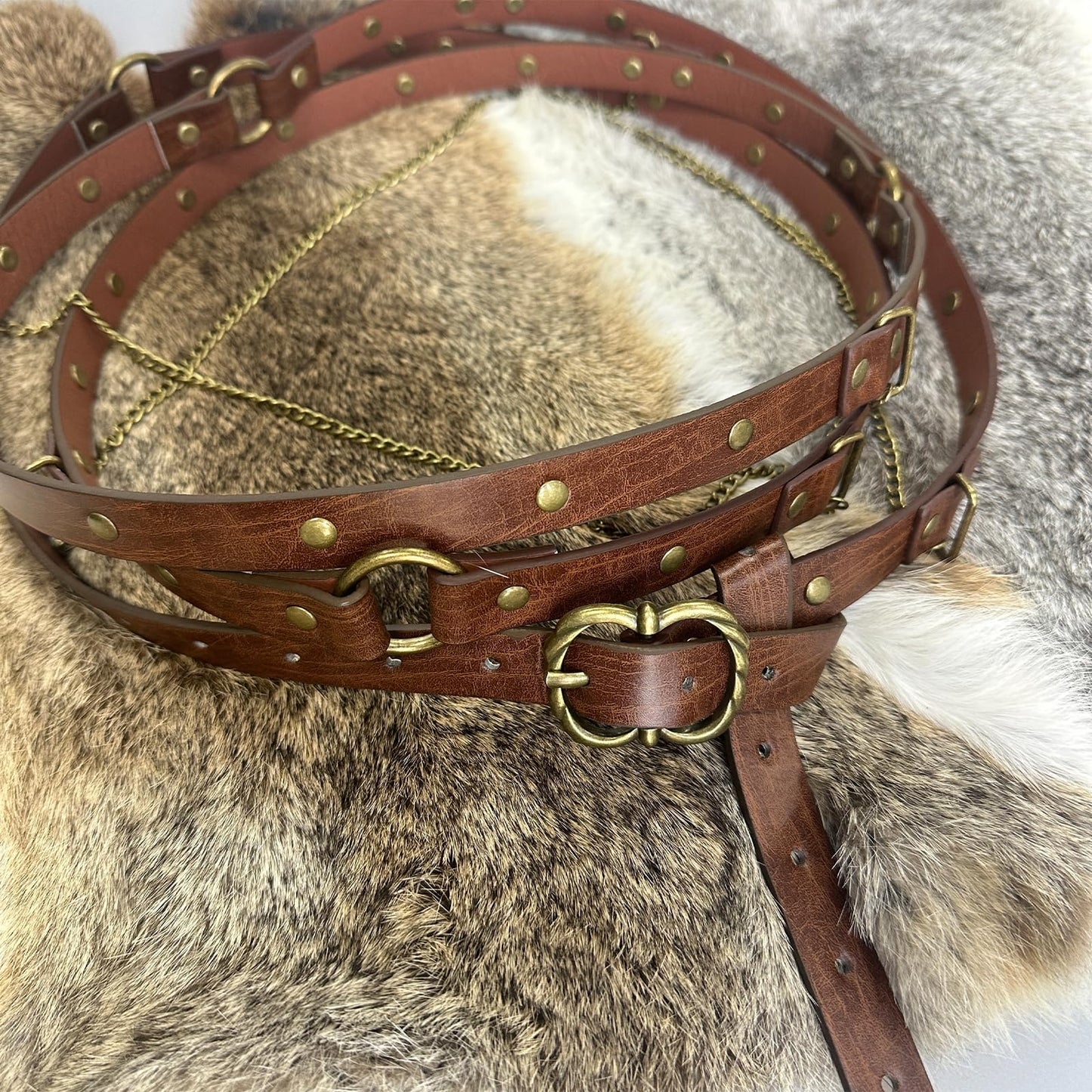 HiiFeuer Medieval DIY Faux Leather Metal Chain Belt, Vintage Adjustable Thin Belt For Women, Retro Skinny Belt For Dresses (Brown A)