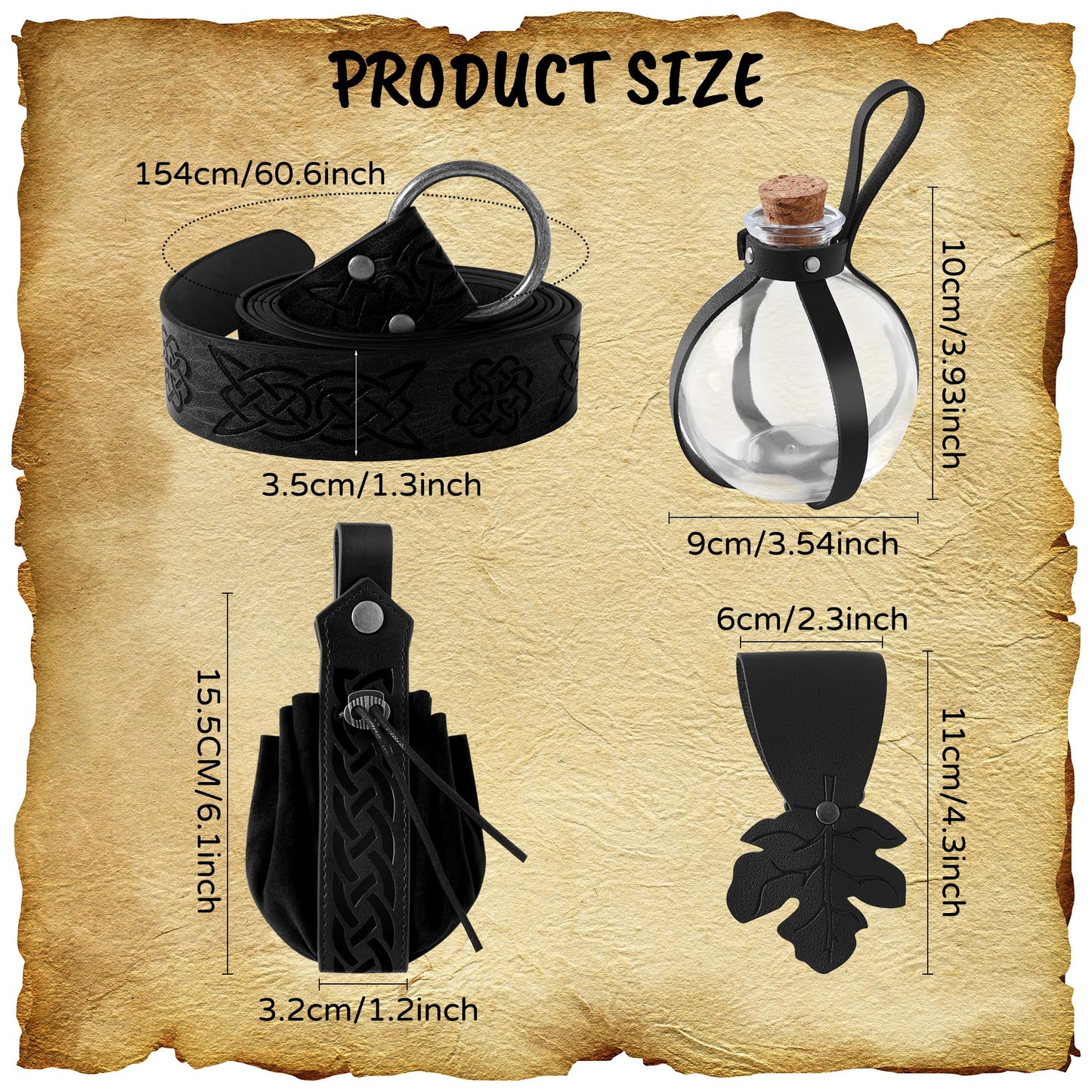 WooHand Renaissance Accessories Medieval Viking Belt Pirate Faux Leather Belt Pouch Potion Bottles Skirt Hikes Ren Faire Accessories for Women Men Black