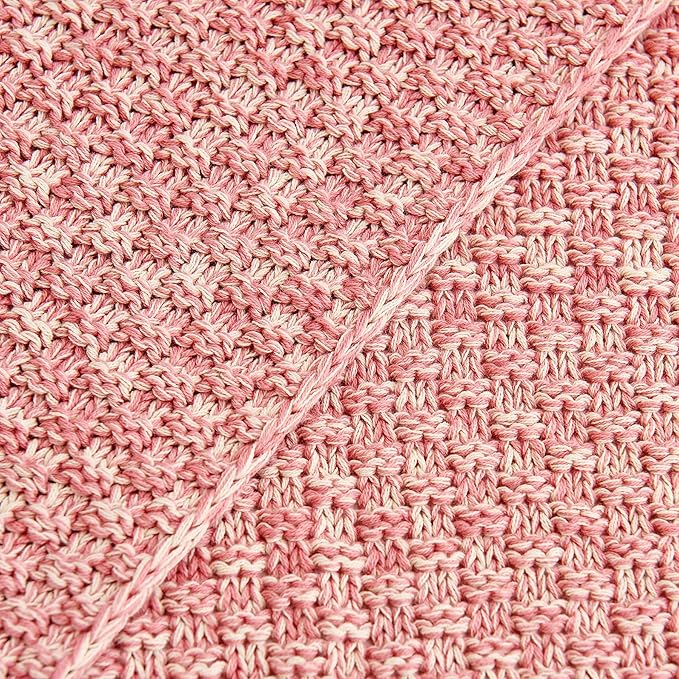 Longhui bedding Dusty Pink Knitted Throw Blanket for Couch, Soft, Cozy Machine Washable 100% Cotton Sofa Knit Blankets, Heavy 2.8lb Weight, 51 x 63 Inches, Pink and White Color, Laundry Bag Included