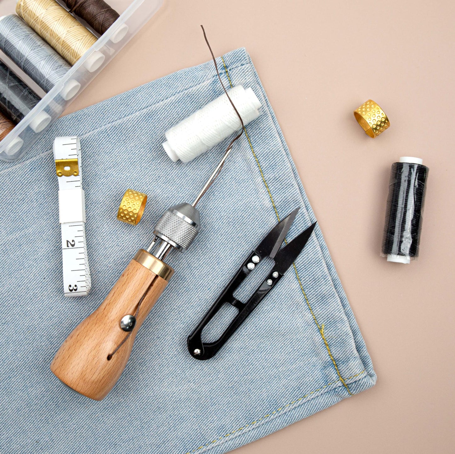 GTAAOY Professional Sewing Awl Kit, Portable Leather Sewing Awl Thread Kit with Straight Bent Needles Rolls Waxed Threads Small Screwdriver Yarn Scissors Needle Threader Tape Measure for DIY Craft