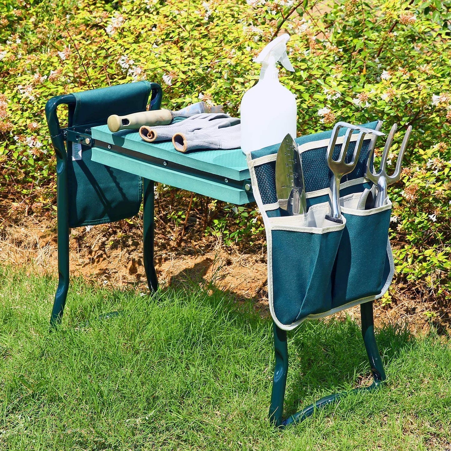 Ohuhu Garden Kneeler and Seat, Heavy Duty Garden Stool with EVA Foam Kneeling Pad, Foldable Gardening Bench with 2 Tool Pouches, 2-in-1 Portable Gardening Supplies, Idea Gifts for Women Men Seniors