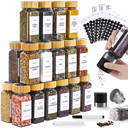 Spice Jars, 24 Pcs 4oz Seasoning Jars with Label, Glass Jars with Bamboo Lids, Spice Containers Bottles with Pepper Grinder & Stainless Steel Funnel for Seasoning Organizer, Cabinet, Drawer