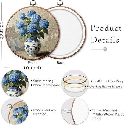 Threegoat Chinoiserie Spring Floral Framed Round Wall Art,Blue and White Hydrangea Flowers Wall Art Decor for Bedroom,Vintage Wall Hanging Decor for Grand Millenial Grandmillennial Home - A09