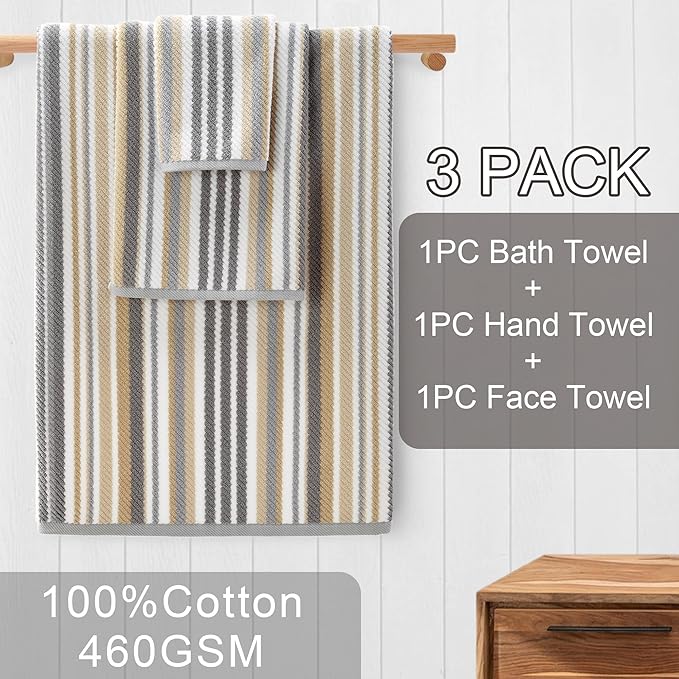 Cotton Towels Set of 3, 1 Absorbent Hand 16"x27", 1 Lightweight Washcloth