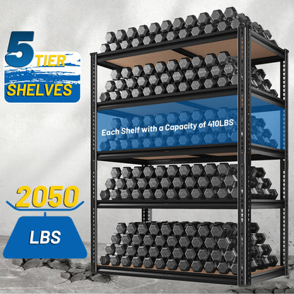 ROOMFAVE 72" H Storage Shelves 5 Tier Garage Shelving Heavy Duty,2050LBS Adjustable Metal Shelving Unit, Garage Shelves for Basement, Warehouse, Pantry, Closet, 72" H x 35.5" W x 16" D, Black,2PCS