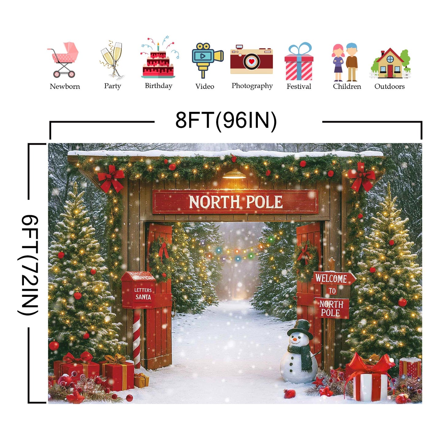 Fluzimir Christmas Photography Backdrop 8x6ft – Rustic Snowy Forest Barn Door with Xmas Tree, North Pole Winter Scene Fabric Photo Background for Family Party, Baby Holiday Photos