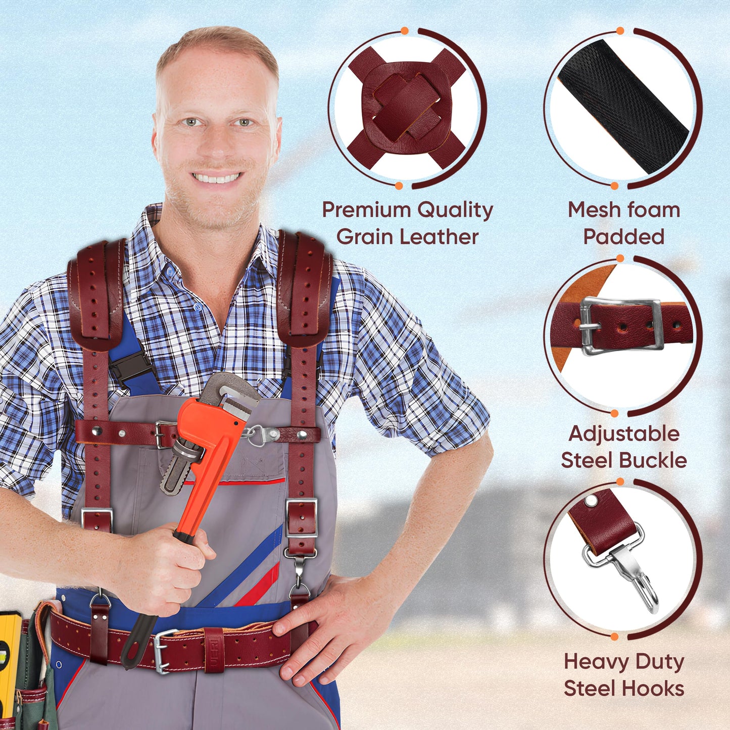 FUERI Maroon Full Grain Leather Tool Belt Suspender for Men | Heavy Duty Tools Suspenders with Foam Padding on Shoulder | Adjustable Suspender With 4 Loops for Carpenters and Electricians