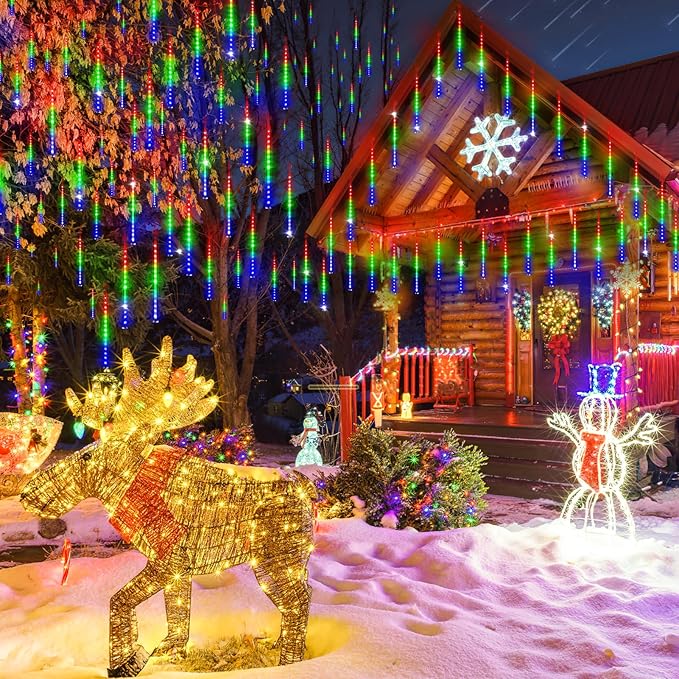 KNONEW 40 Tubes 1120 LED Meteor Shower Lights Christmas Lights Outdoor Plug in Waterproof Falling Rain Light for Xmas Tree Wedding Party Garden Holiday Rooftop Decorations (Multicolor)