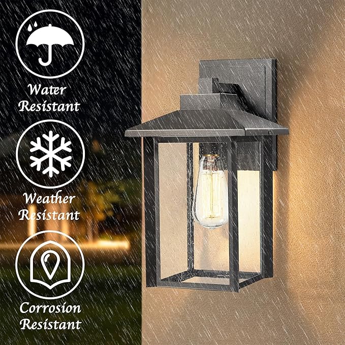 Bestshared Outdoor Wall Lights, Outside Sconce Light, Exterior Lighting Fixture, Outdoor Wall Lantern, Black Porch Lamp with Seeded Glass for Entryway, Garage (Black, 14.9" H)