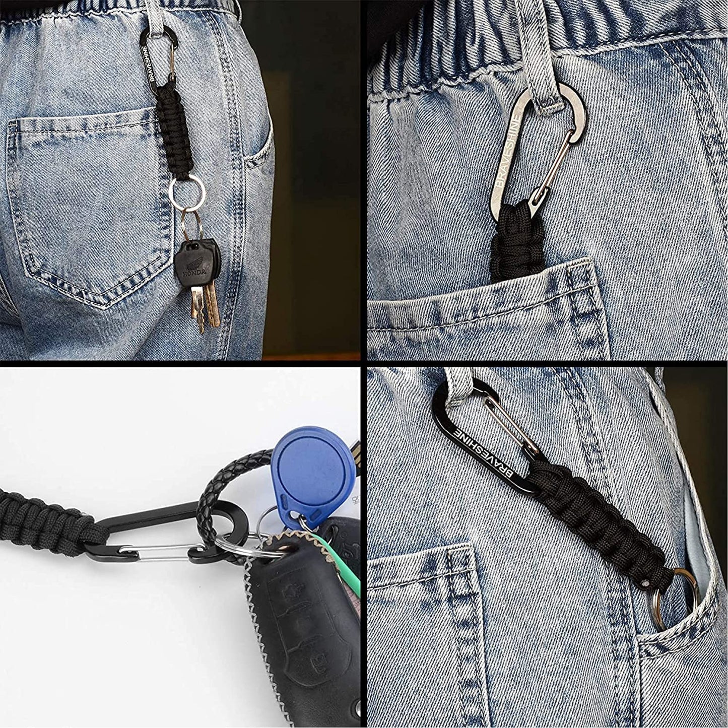 BRAVESHINE Keychain Hook with Paracord Strap 2 Pack Black Metal Key Ring Carabiner Hanger Para Cord D Locking Keyring Clip for Keys, Backpacks, Boys, Girls, Men, Women, Camping, Hiking, Travailing