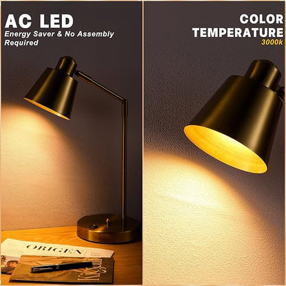 LED Desk Lamp with Dual USB Charging Ports, 100% Metal, 270° Swivel Arms, Soft White Light (3000K), Bedside Reading Lamp, Home Office Lamp(Golden)