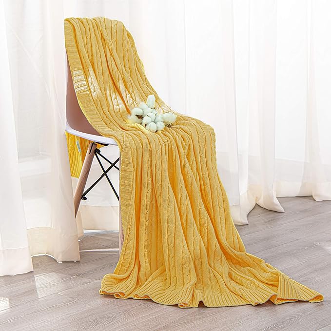 NTBAY 100% Pure Cotton Oversize (60x80) Cable Knit Throw Blanket, Super Soft Warm Knitted Throw Blanket for Bed, Sofa, Chair, Couch - Extra Cozy, Machine Washable, Comfortable Home Decor, Yellow