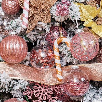 XmasExp 4ct Christmas Ball Ornaments Set -Large Clear Plastic Shatterproof Xmas Tree Ball Hanging Baubles Stuffed Delicate Glittering for Holiday Wedding Xmas Party Decoration (100mm/3.94",Rose Gold)