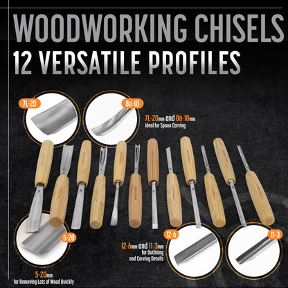 Schaaf Wood Carving Tools Set of 12 Chisels with Canvas Case | Wood Carving Chisels with Razor Sharp CR-V 60 Steel Blades