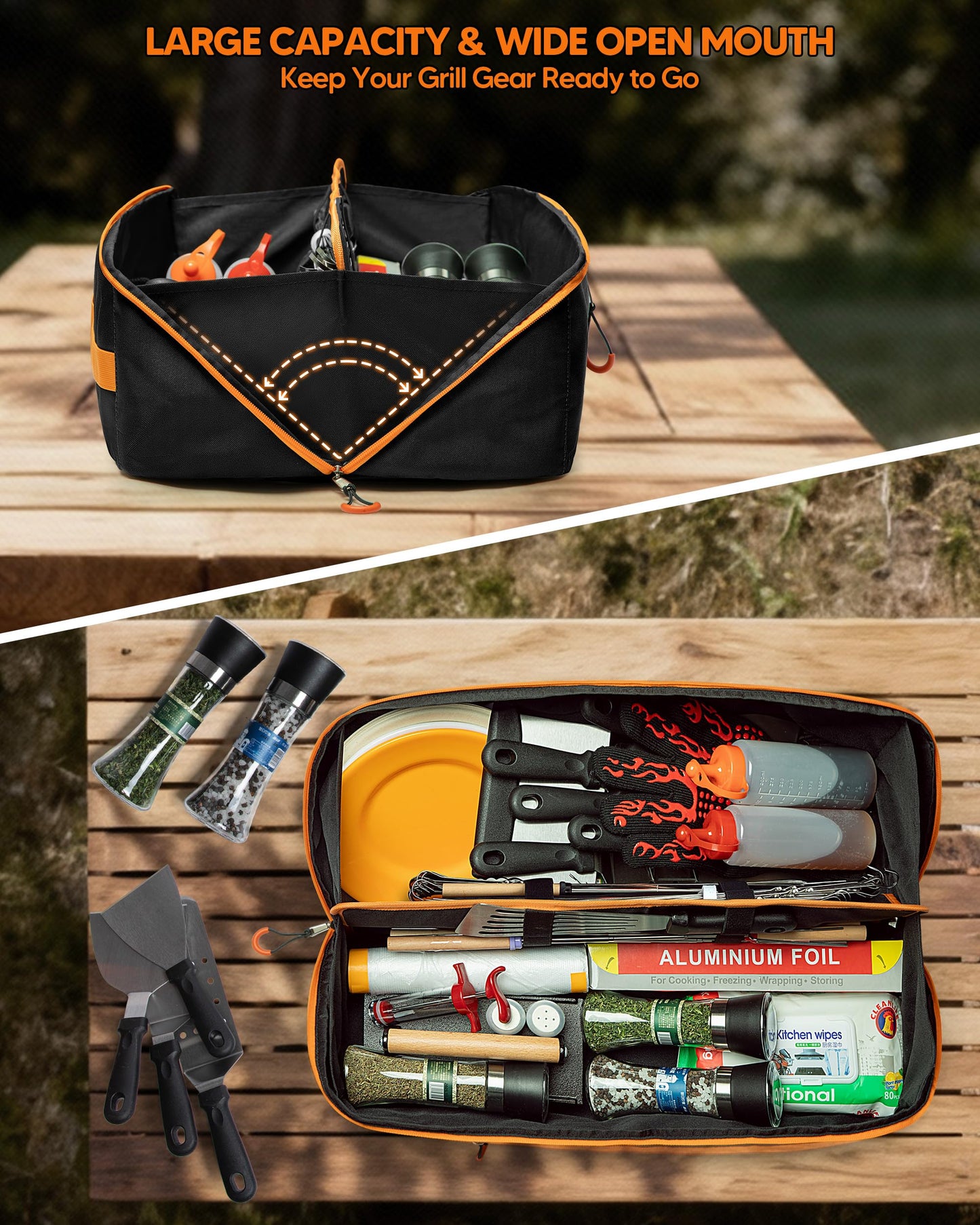 Marscamd 22” Grill Tool Storage Bag with Dual Inner Compartments, Wide-open Grill Utensil Storage Bag for Grill, Griddle and Barbecue Tools, Black (No Accessories)