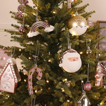 Alupssuc 65pcs Christmas Balls Ornaments Set, Shatterproof Plastic Baubles Gingerbread House, and Tree Topper for Xmas Tree Holiday Wedding Party Decorations with Hanging Strings, Gold & Pink