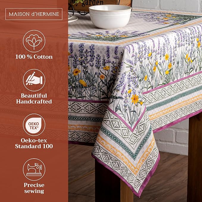 Maison d' Hermine Table Cloth Rectangle Table 100% Cotton 60 x 120 Inches Tablecloth Reusable Decorative for Dining Room, Farmhouse, Home, Party, Festive & Wedding Spring Summer - Fanny Lavender