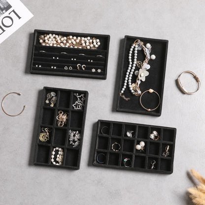Frebeauty Jewelry Organizer Tray,Stackable Velvet Jewelry Trays,Drawer Inserts Earring Organizer For Women Jewelry Storage Display Case for Rings Stud Necklaces,Set of 4(Black)