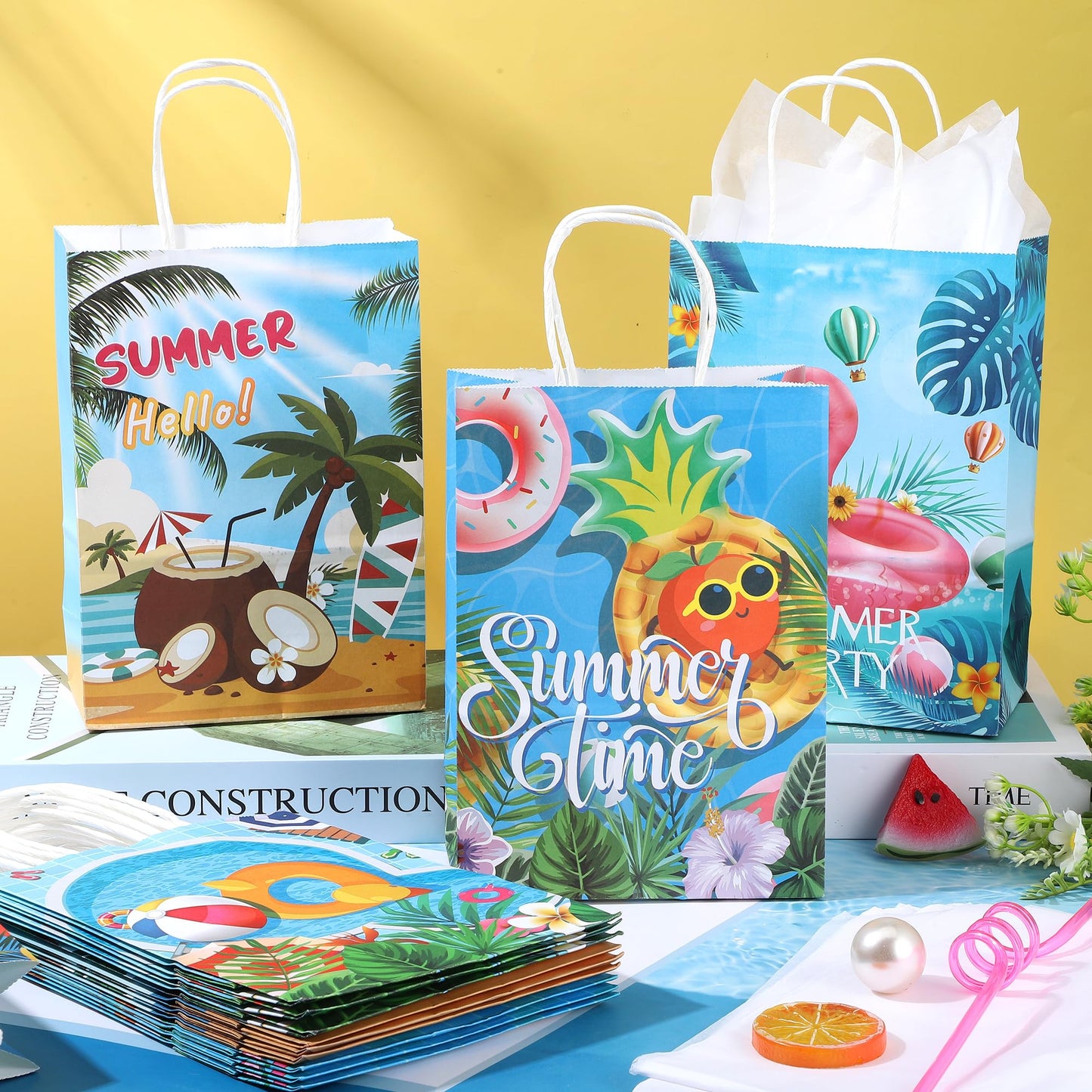MIMIND Summer Beach Party Paper Bags with Tissue Paper 48 Pack Pool Kraft Goodie Candy Gift Treat Bags with Handles for Summer Luau Tropical Beach Party Favors Supplies