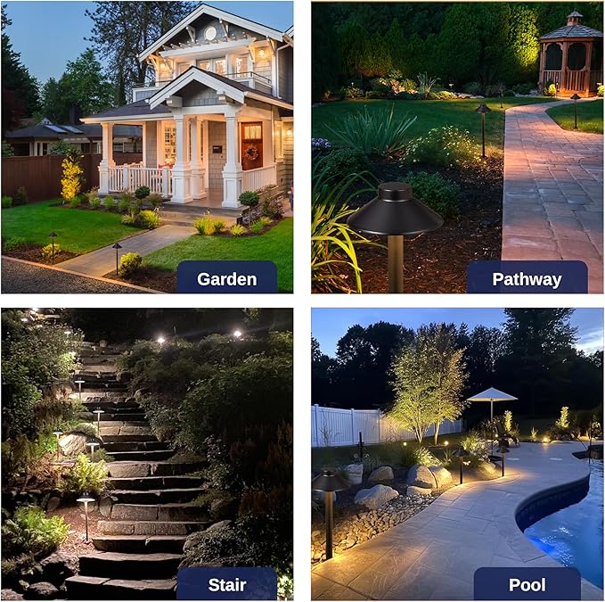 Gardenreet Brass Low Voltage Path Lights - 12V LED Landscaping Pathway Lamp IP65 Waterproof, Wired Walkway Lighting Outdoor, Black for Lawn Backyard with 3W 4000K Neutral White G4 Bulb (8 Pack)