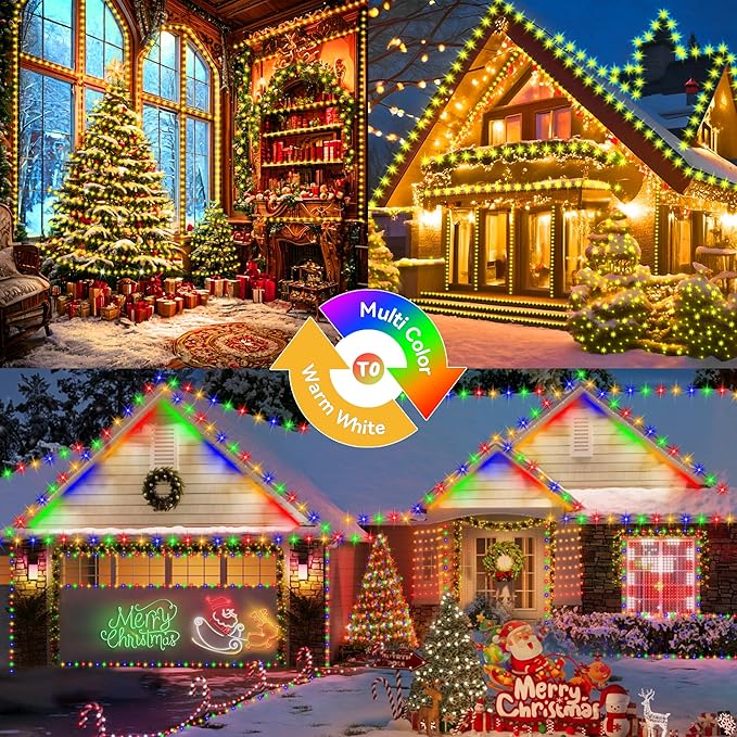 KNONEW Christmas Lights Outdoor 500 LED 197FT Clear Wire Color Changing String Lights with 11 Modes & Timer Dimmable Fairy Light for Xmas Tree Roof Yard Wedding Decorations(Warm White to Multicolor)