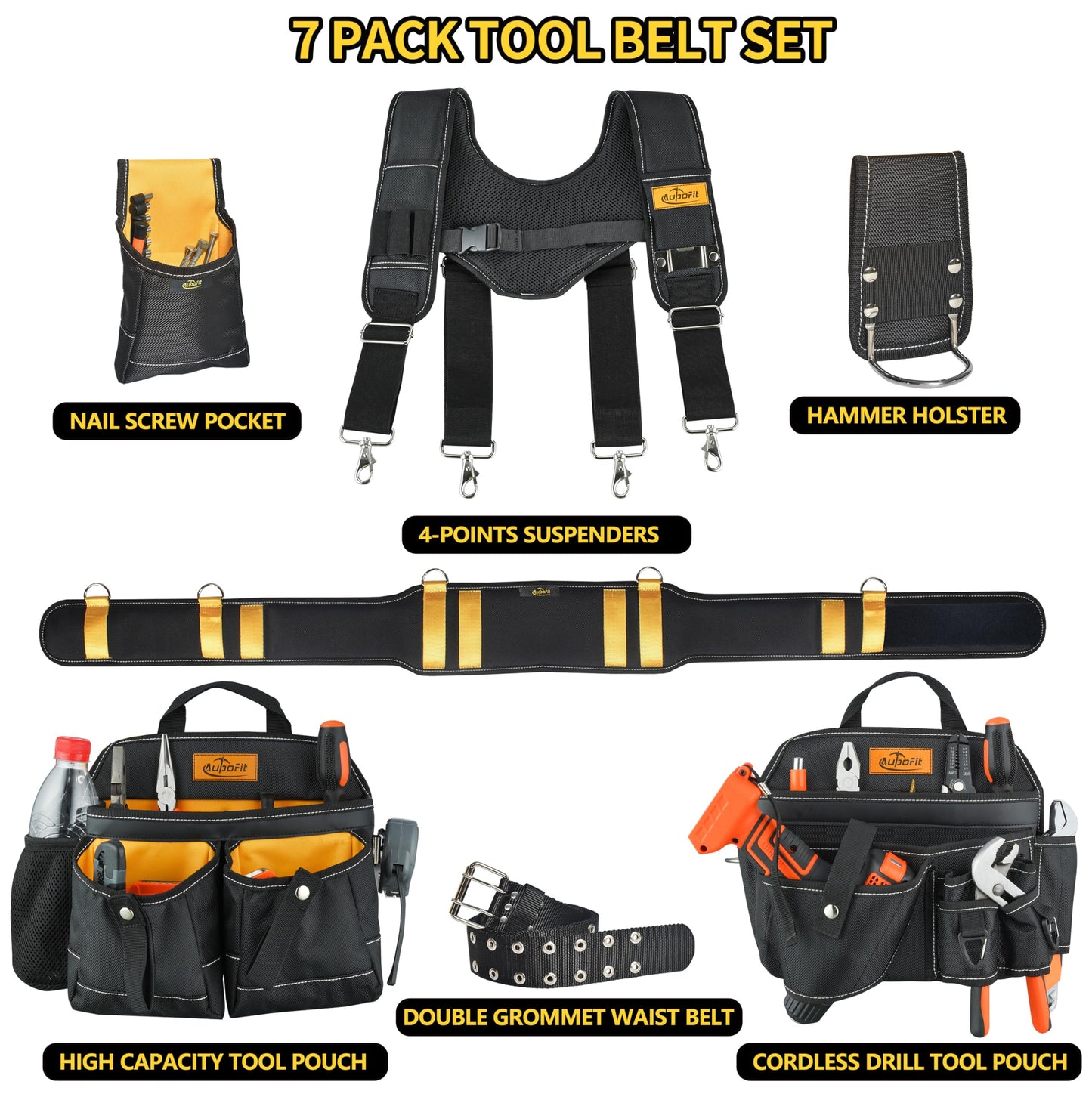 Aupofit 7-Piece Professional Tool Belt Rig with Comfort Suspenders